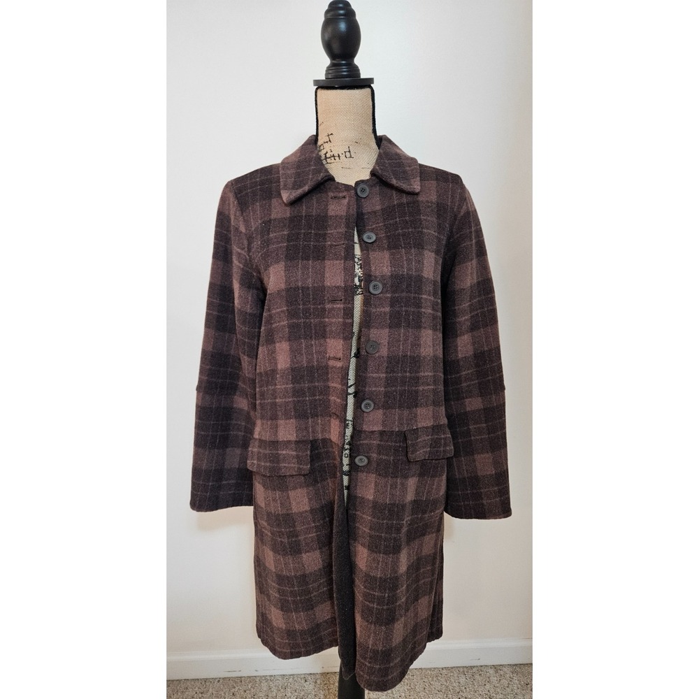 VTG Brown Plaid Button Front Coat Vintage Style Mid Length Overcoat Collar XS